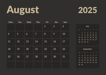Monthly page Calendar Planner Templates of August 2025 Vector layout of simple calendar with week start Monday for print. Page for size A4 or 21x29.7 cm in dark color