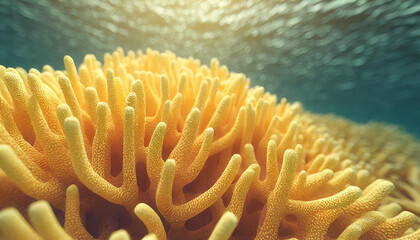 Naklejka na ściany i meble Close-up of minimalistic beautiful natural yellow corals. Coral texture underwater. Marine life.