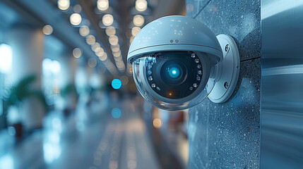 Modern surveillance camera on the wall of a building