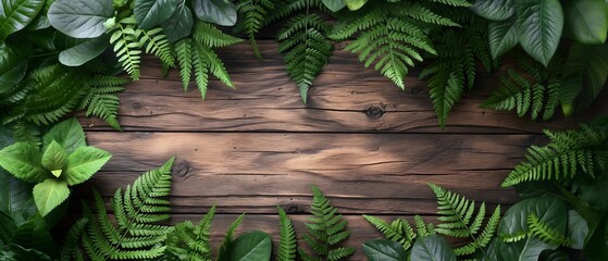 Wooden Surface And Tropical Plants. Illustration On The Theme Of Decor, Plants.  Generative AI	
