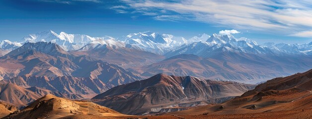 a high altitude, featuring majestic snowcapped mountains against a dramatic sky, with a rocky terrain bathed in warm brown and gold hues, creating a striking landscape scene.