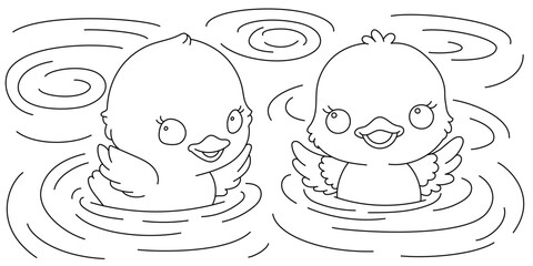 Kawaii line art coloring page for kids. Kindergarten or preschool coloring activity. Cute ducklings swimming in the water. Outdoor nature life vector illustration - 768673915
