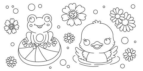 Kawaii line art coloring page for kids. Kindergarten or preschool coloring activity. Cute swimming duckling, flower and frog. Outdoor nature life vector illustration - 768673950