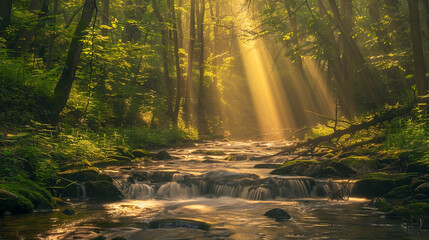 Majestic sunrays pierce through the mist in a lush green forest setting with a flowing stream - obrazy, fototapety, plakaty