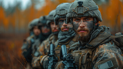 Military men in uniform with machine guns in the field - obrazy, fototapety, plakaty