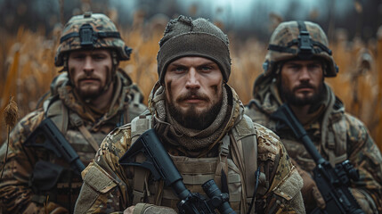 Military men in uniform with machine guns in the field - obrazy, fototapety, plakaty