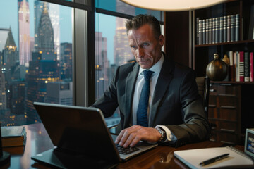 Mature businessman working on his laptop in the office with city view
