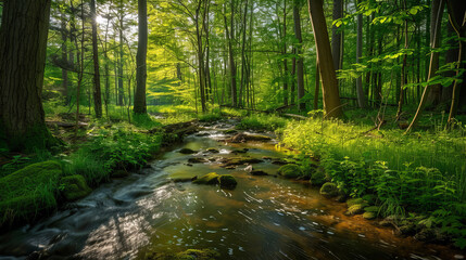A peaceful stream meanders through a green forest lit by soft sunbeams
