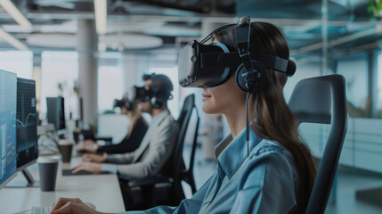 A modern workplace setup with an employee using VR technology for productivity or creative applications