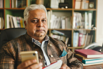 Portrait of senior indian businessman working in office.