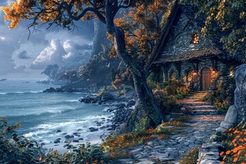 Enchanting Seaside Cottage at Twilight with Lush Greenery and Majestic Mountain View in a Quaint Fairytale Setting