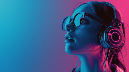 A visually striking dual-tone backdrop enhances the image of a woman with trendy headphones - obrazy, fototapety, plakaty