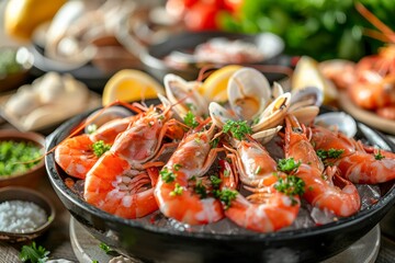 Fresh Seafood Platter with Shrimps, Clams, Herbs, and Lemon Slices on Rustic Wooden Table, Gourmet Dining Concept