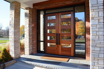 Double Wooden Front Door With Sidelights and Glass Panels