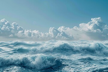 Majestic Ocean Waves with Fluffy Clouds on the Horizon Under Blue Sky