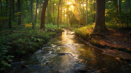 Obraz premium Sunlight filters through the canopy, illuminating a peaceful forest brook winding through trees
