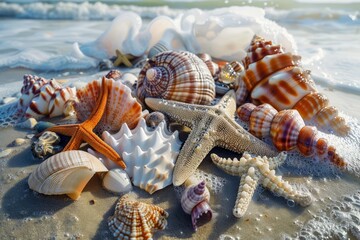 Vibrant Collection of Various Seashells and Starfish Arranged on Sandy Beach by Ocean