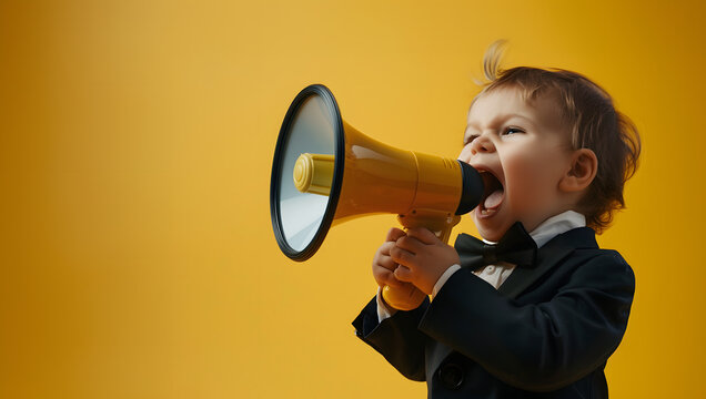 kid with black suit, blond curly hair with megaphone on yellow background, enthusiastic, promotion materials, copy space