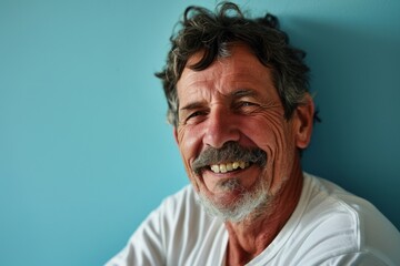 Portrait of a happy senior man smiling against a blue background.