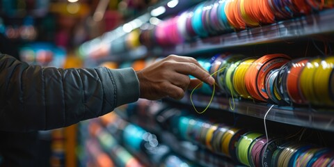 A person is reaching for a colorful string of beads