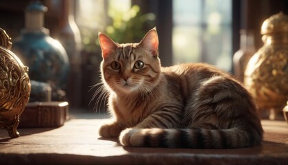 A thoughtful domestic cat sits in a sunlit room, exuding calm and curiosity. The golden light accents its striped fur and gentle eyes, creating a peaceful scene. AI generation - obrazy, fototapety, plakaty