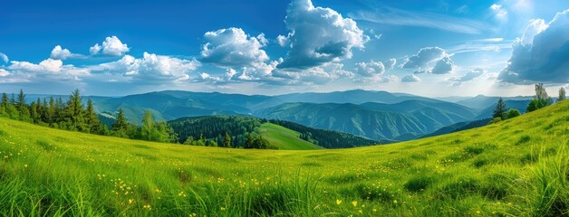 a green meadow perched on a hillside, surrounded by the fresh colors of spring, with a majestic mountain range looming in the background, offering a sweeping panoramic view of natural splendor.