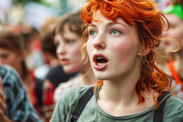 Fiery-haired activist, 25, in handmade protest tee and recycled jeans, passionately speaks at a city rally, urging stricter carbon emission regulations for climate action.