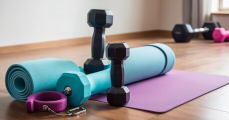 A home fitness setup with a turquoise yoga mat, black dumbbells, and resistance bands. The equipment is thoughtfully organized on a wooden floor for an effective workout. AI generation