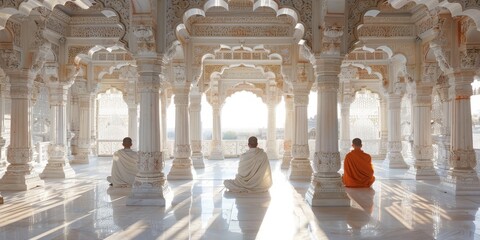 Three monks are sitting in a large room with white pillars - Powered by Adobe