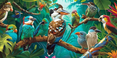 A colorful painting of a group of birds on a branch