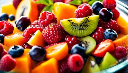 Vibrant mixed fruit salad with kiwi, blueberries, raspberries, and mango, in a glass bowl, offering a refreshing and healthy option