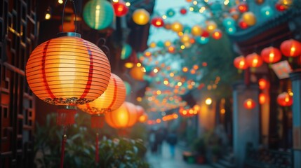 Colorful lanterns illuminating a bustling Asian city street at night, creating a vibrant and...