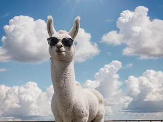 Foto op Canvas Llama with Obscured Face Against Fluffy Cloud Sky © Alexandr