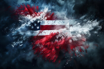 Freeze motion of colored powder explosion of red, blue and white colors with stars and stripes on a dark background. USA flag concept. USA independence day, memorial day illustration.