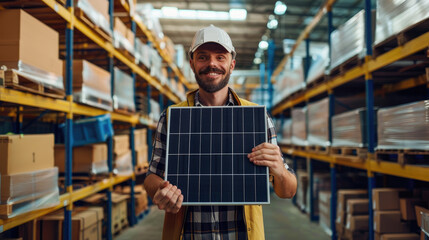 a worker in warehouse holding solar panel, smiling at camera, wearing blue helmet and green vest with black shirt underneath, background is industrial storage space filled with different products  - Powered by Adobe