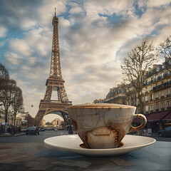 Create a high-quality, vibrant image of a large coffee cup placed in the center of Paris, resembling a real photograph Ai generative 