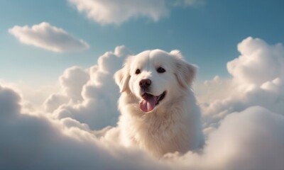 A happy white dog with a beaming smile is set against a sky filled with billowing clouds, exuding a sense of freedom and joy. The dog's smile and the light-hearted setting evoke a feeling of pure