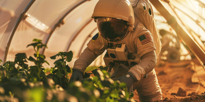 A man in a space suit is working in a greenhouse - Powered by Adobe