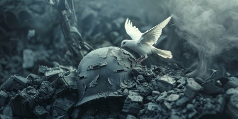 A white dove is perched on a broken helmet in a pile of rubble