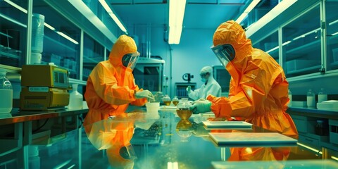 Two people in orange jumpsuits are working in a lab