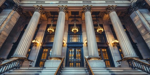 The building has a grand entrance with pillars and a large chandelier