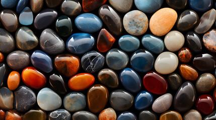 Top view, background of colorful stones, minerals and precious stones. Texture of sea pebbles Multicolored stones of different shapes and textures. Semiprecious stones. - obrazy, fototapety, plakaty