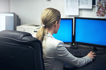 Fototapeta na wymiar Business, woman and office for work on computer for career in corporate administration for company. Female person, back view and pc with internet for online information for developing and operations.