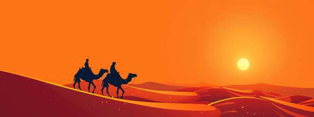 vector illustration of camels and bedouins traveling through the desert against a sunset background