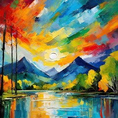 landscape in the mountains.a vibrant abstract canvas frame bursting with bold colors and dynamic shapes. Utilize energetic brushstrokes and layered textures to create a sense of movement and depth wit