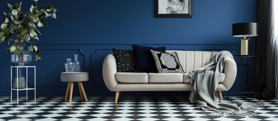 Living room interior with a chessboard floor, sofa, blanket, stool, and glass decorations on a navy blue wall. Real photo.