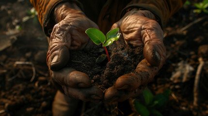 Young plant on soil in a hand of an farmer.