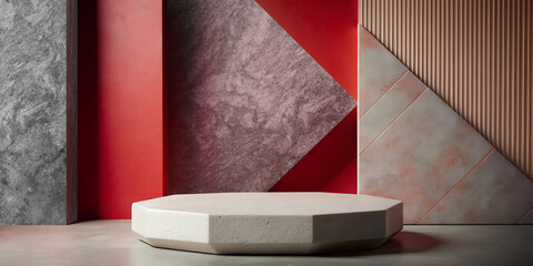 3D Podium Natural Stone to showcase beauty products in volcanic stone concept in minimal style in red stone wall background. banner, copy space, website, 3d rendering.