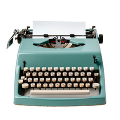 Turquoise retro Typewriter With Paper isolated on a cutout PNG transparent background