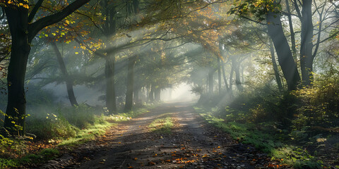 Obraz premium A tranquil forest pathway is enveloped in morning mist, with sunbeams piercing through autumn-hued leaves